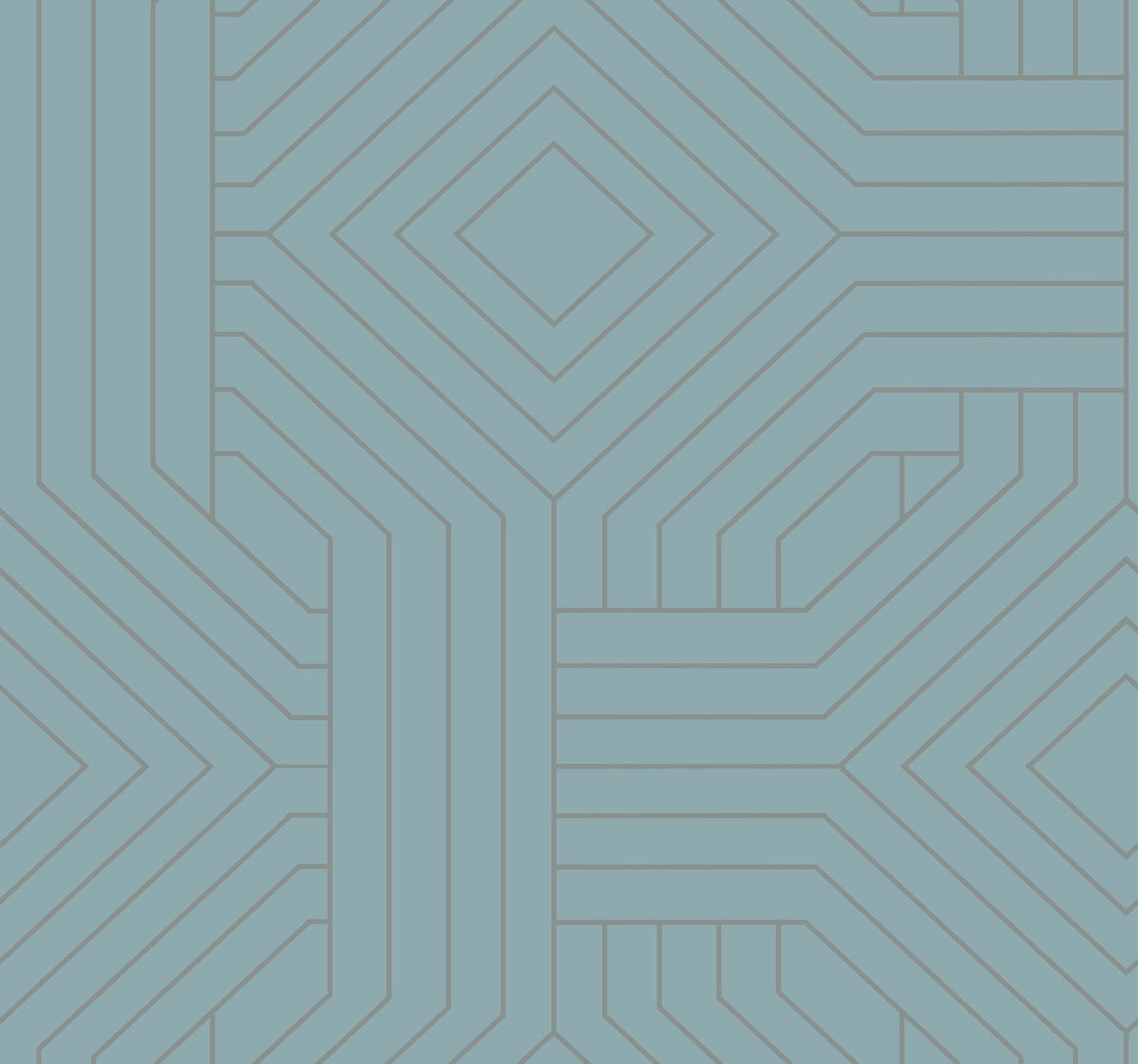 Candice Olson Diverging Diamonds Wallpaper by York Wallcoverings featuring a repeating geometric pattern of dark gray lines forming interlocking diamonds and stripes on a dusty blue background.
