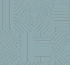 Candice Olson Diverging Diamonds Wallpaper by York Wallcoverings featuring a repeating geometric pattern of dark gray lines forming interlocking diamonds and stripes on a dusty blue background.