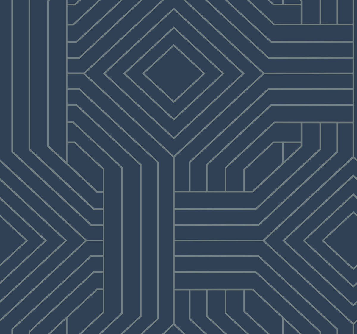 Candice Olson Diverging Diamonds Wallpaper featuring a geometric pattern of gray intersecting lines forming concentric diamonds and rectangular shapes against a dark blue background.