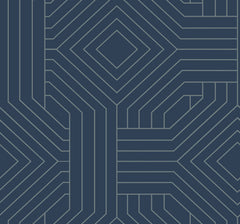 Candice Olson Diverging Diamonds Wallpaper featuring a geometric pattern of gray intersecting lines forming concentric diamonds and rectangular shapes against a dark blue background.