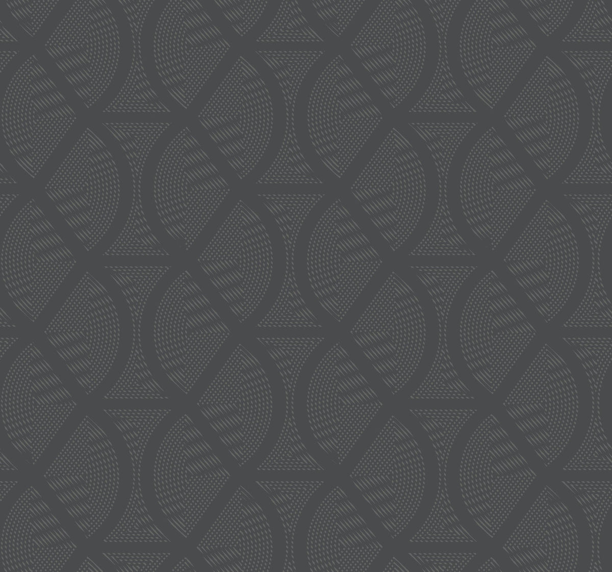 Candice Olson Opposites Attract Wallpaper features a dark gray repeating geometric pattern of interlocking semicircles filled with fine, textured lines.