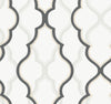 Candice Olson Double Damask Wallpaper by York Wallcoverings featuring an interlocking geometric pattern of curved, scalloped lines in shades of gray, cream, and beige.