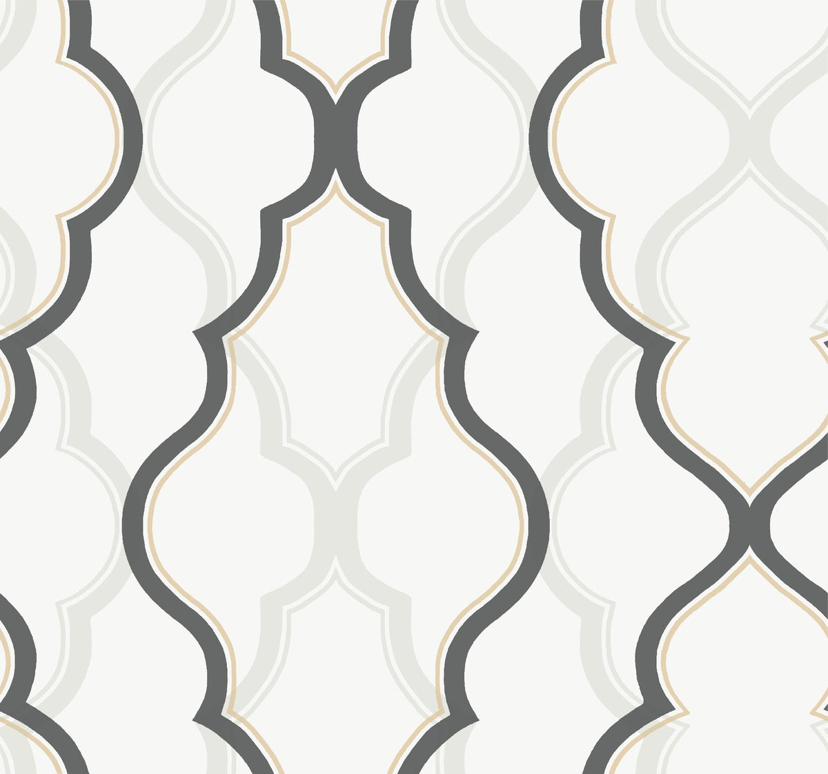 Candice Olson Double Damask Wallpaper by York Wallcoverings featuring an interlocking geometric pattern of curved, scalloped lines in shades of gray, cream, and beige.