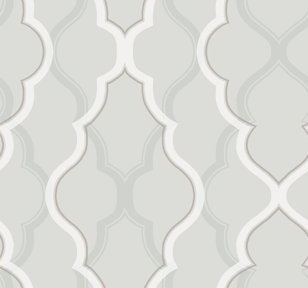Candice Olson Double Damask Wallpaper featuring a light gray background with a white and tan interlocking quatrefoil damask pattern.
