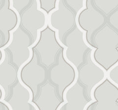 Candice Olson Double Damask Wallpaper featuring a light gray background with a white and tan interlocking quatrefoil damask pattern.