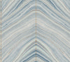 Candice Olson Onyx Strata Wallpaper features a symmetrical, V-shaped marble pattern in blue, grey, and white, divided by a thin vertical gold line.