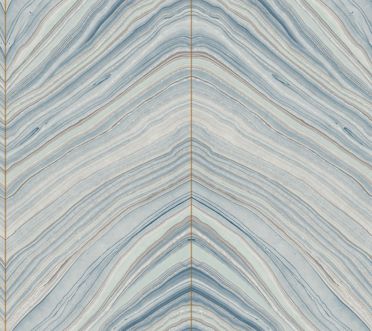 Candice Olson Onyx Strata Wallpaper features a symmetrical, V-shaped marble pattern in blue, grey, and white, divided by a thin vertical gold line.