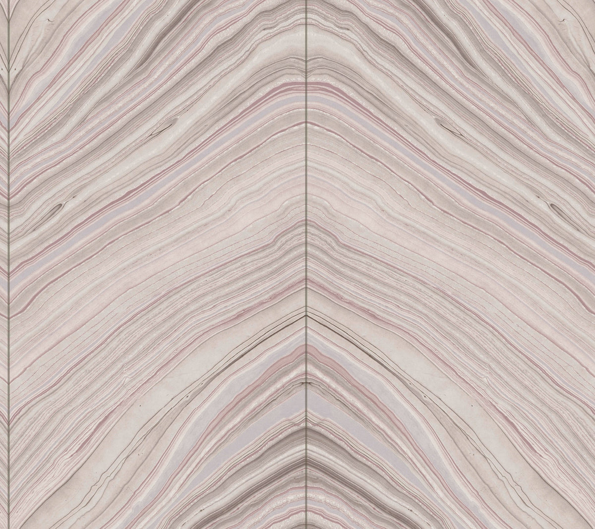 Candice Olson Onyx Strata Wallpaper featuring a symmetrical, chevron-style pattern of flowing, stone-like layers in shades of cream, gray, and muted pink.