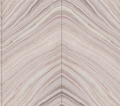 Candice Olson Onyx Strata Wallpaper featuring a symmetrical, chevron-style pattern of flowing, stone-like layers in shades of cream, gray, and muted pink.