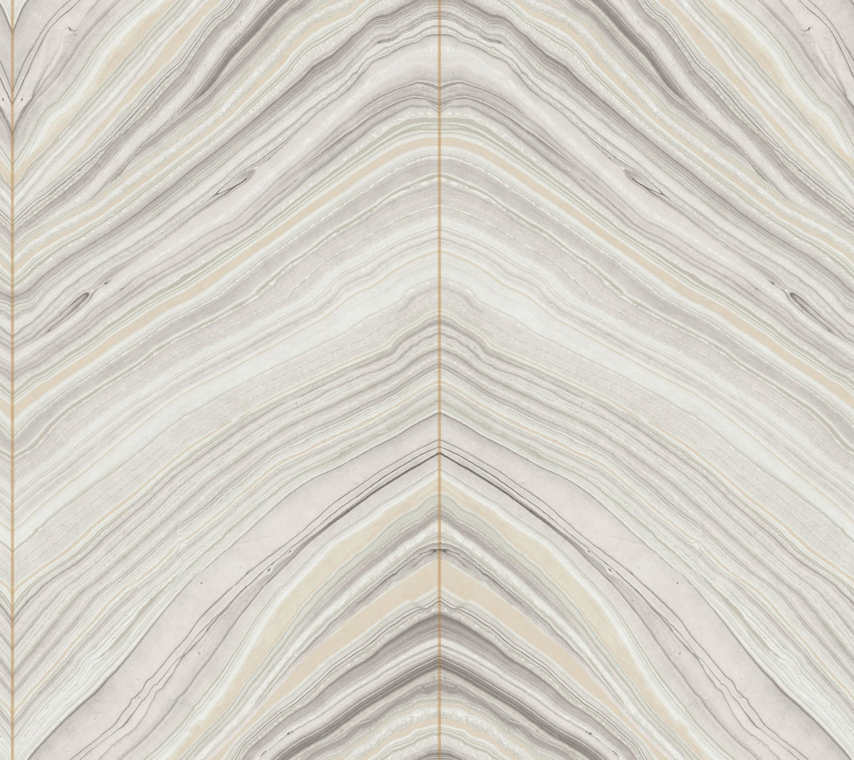 Candice Olson Onyx Strata Wallpaper featuring a symmetrical, chevron-style pattern of flowing, marble-like gray and cream wavy lines.