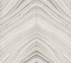 Candice Olson Onyx Strata Wallpaper featuring a symmetrical, chevron-style pattern of flowing, marble-like gray and cream wavy lines.