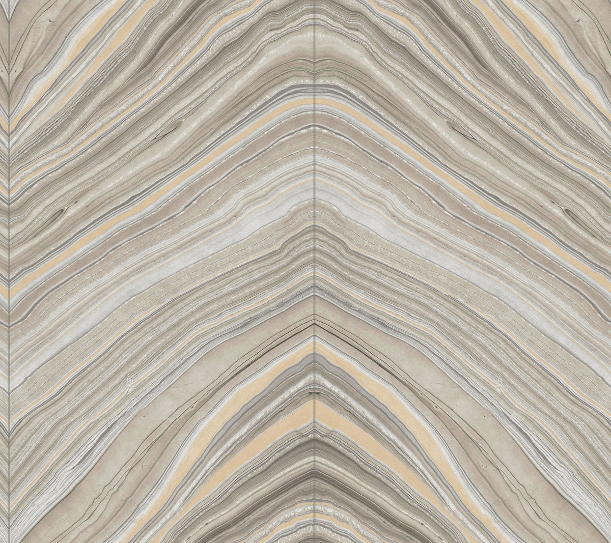Candice Olson Onyx Strata Wallpaper featuring a repeating, chevron-like pattern of wavy, marbled lines in shades of gray, beige, and cream.