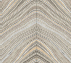 Candice Olson Onyx Strata Wallpaper featuring a repeating, chevron-like pattern of wavy, marbled lines in shades of gray, beige, and cream.