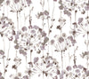 Candice Olson Flourish Wallpaper features a watercolor pattern of purple and grey abstract floral clusters on a white background.