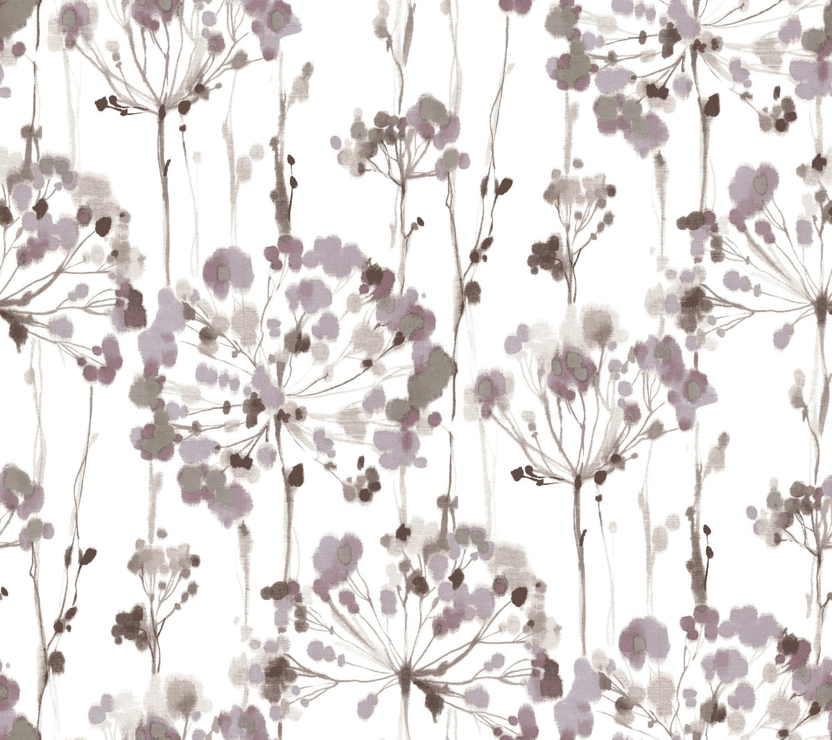Candice Olson Flourish Wallpaper features a watercolor pattern of purple and grey abstract floral clusters on a white background.