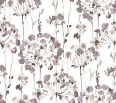 Candice Olson Flourish Wallpaper features a watercolor pattern of purple and grey abstract floral clusters on a white background.