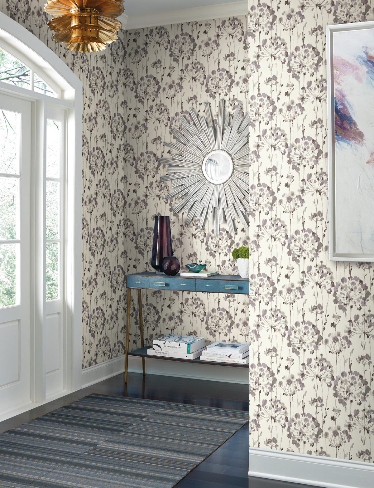 Entryway featuring Candice Olson Flourish Wallpaper by York Wallcoverings, showcasing tall, purple-tinted botanical illustrations on a cream background.