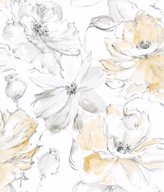 Watercolor-style illustration of large flowers in shades of grey and pale yellow against a white background from the Floral Dreams Wallpaper by York Wallcoverings.