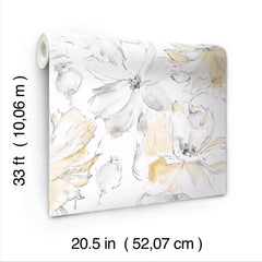 A roll of Floral Dreams Wallpaper by York Wallcoverings featuring a watercolor-style pattern of gray and yellow flowers, with dimensions of 33 feet by 20.5 inches labeled on the image.