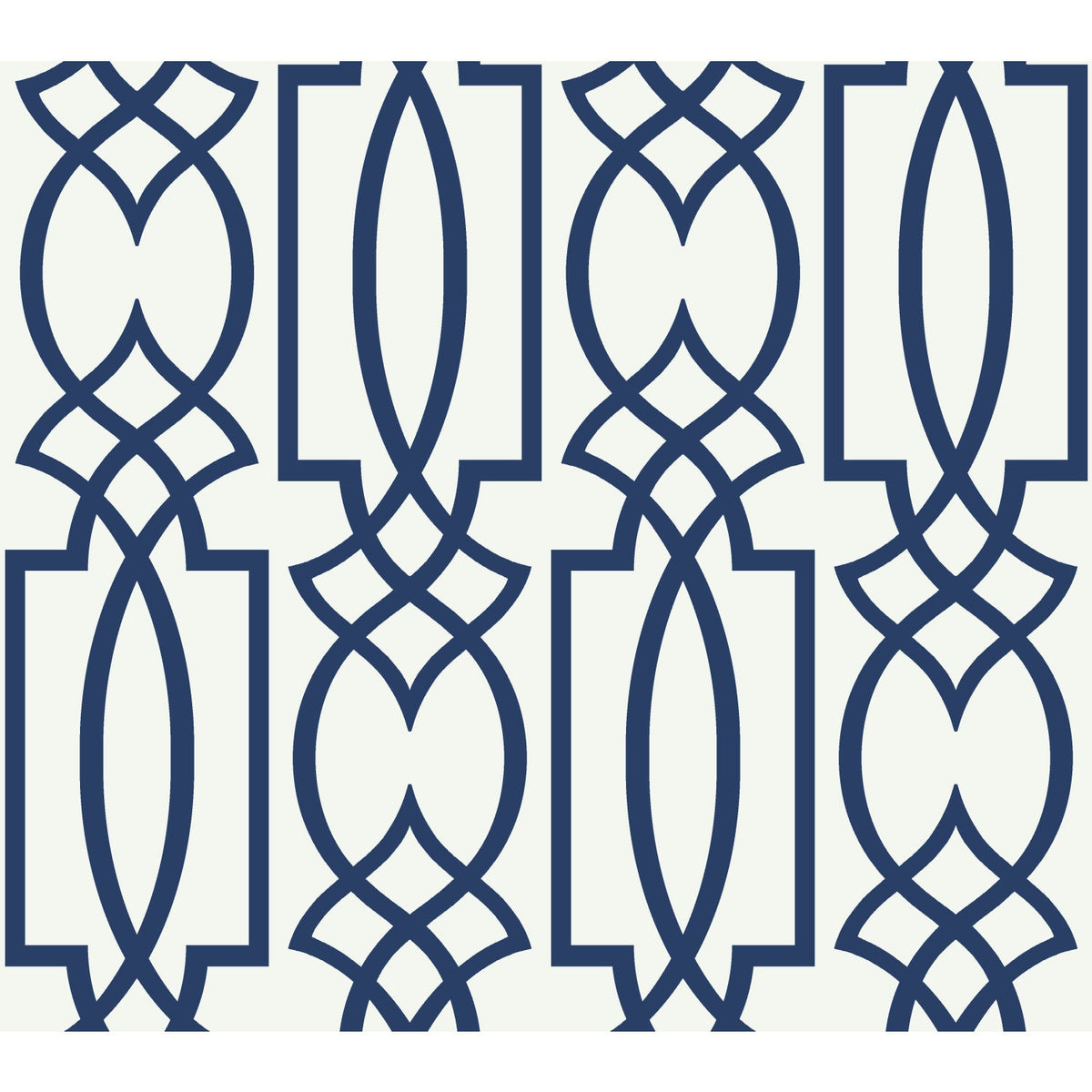 York Wallcoverings Large Lattice Wallpaper features a geometric pattern of repeating blue interlaced lines and elongated shapes on a light background.
