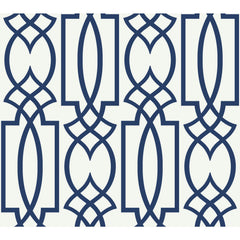 York Wallcoverings Large Lattice Wallpaper features a geometric pattern of repeating blue interlaced lines and elongated shapes on a light background.