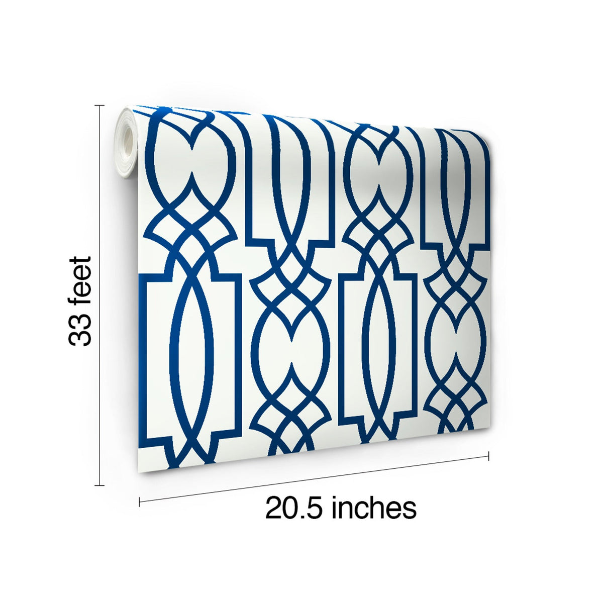 A roll of Large Lattice Wallpaper by York Wallcoverings featuring a blue geometric lattice pattern on a white background, with dimensions of 33 feet by 20.5 inches.