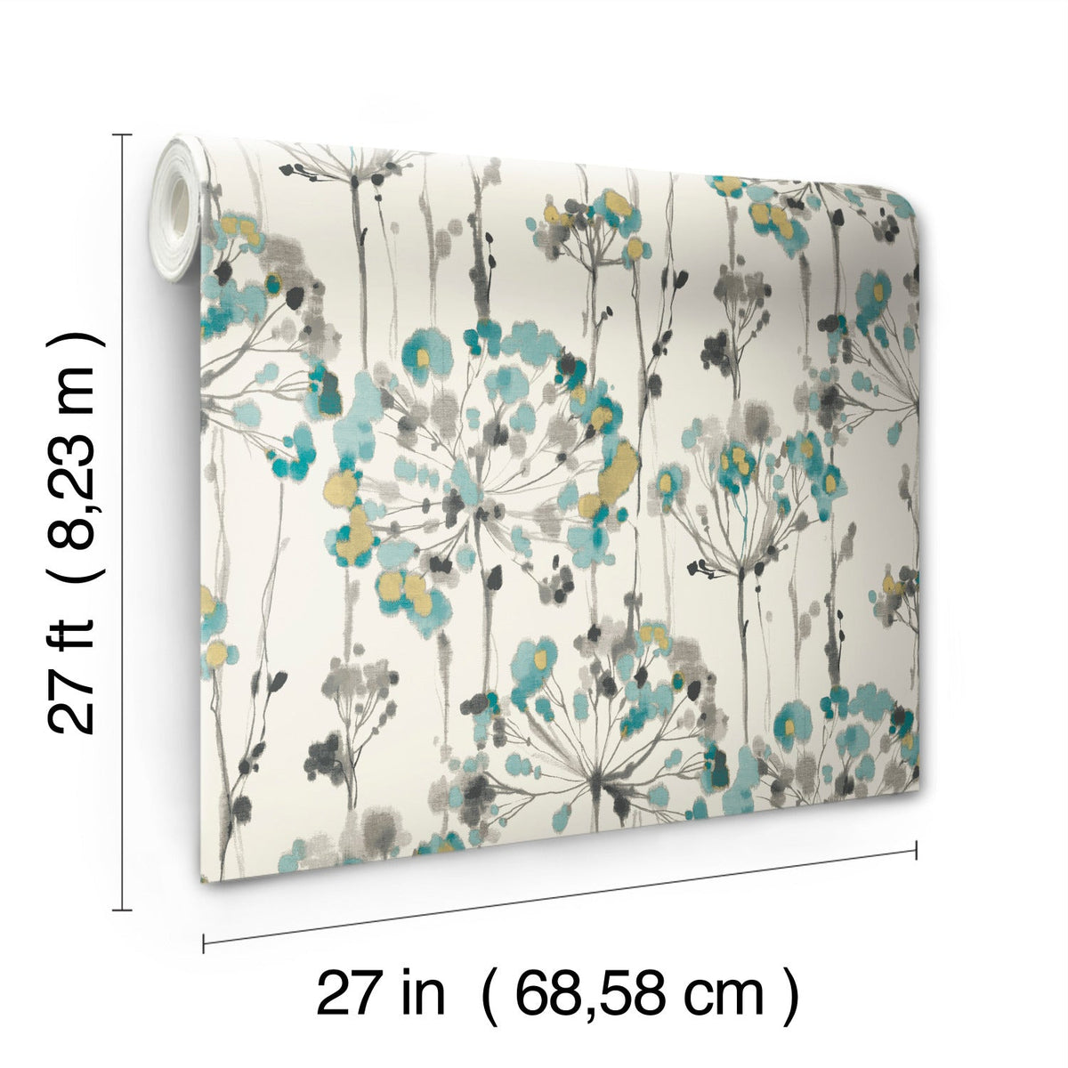 A roll of Candice Olson Flourish Wallpaper by York Wallcoverings featuring an abstract floral pattern in teal, gold, and gray on an off-white background, with dimensions labeled on the side and bottom.