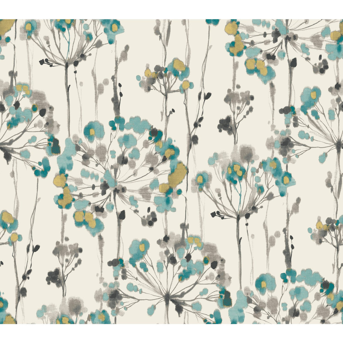 Candice Olson Flourish Wallpaper featuring a watercolor pattern of teal and mustard-yellow dandelion-like flowers on thin, gray stems against a cream background.
