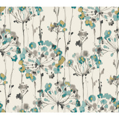 Candice Olson Flourish Wallpaper featuring a watercolor pattern of teal and mustard-yellow dandelion-like flowers on thin, gray stems against a cream background.