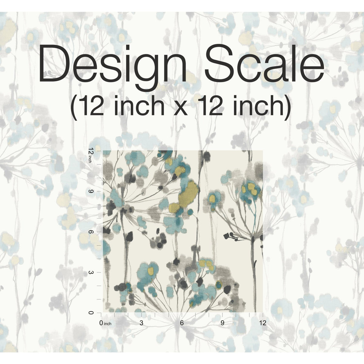 Candice Olson Flourish Wallpaper featuring abstract blue, yellow, and grey floral sprigs on a light background, shown with a 12-inch square scale overlay.