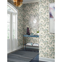 Candice Olson Flourish Wallpaper with a repeating botanical pattern of tall, thin stems topped with teal and grey flower bursts.