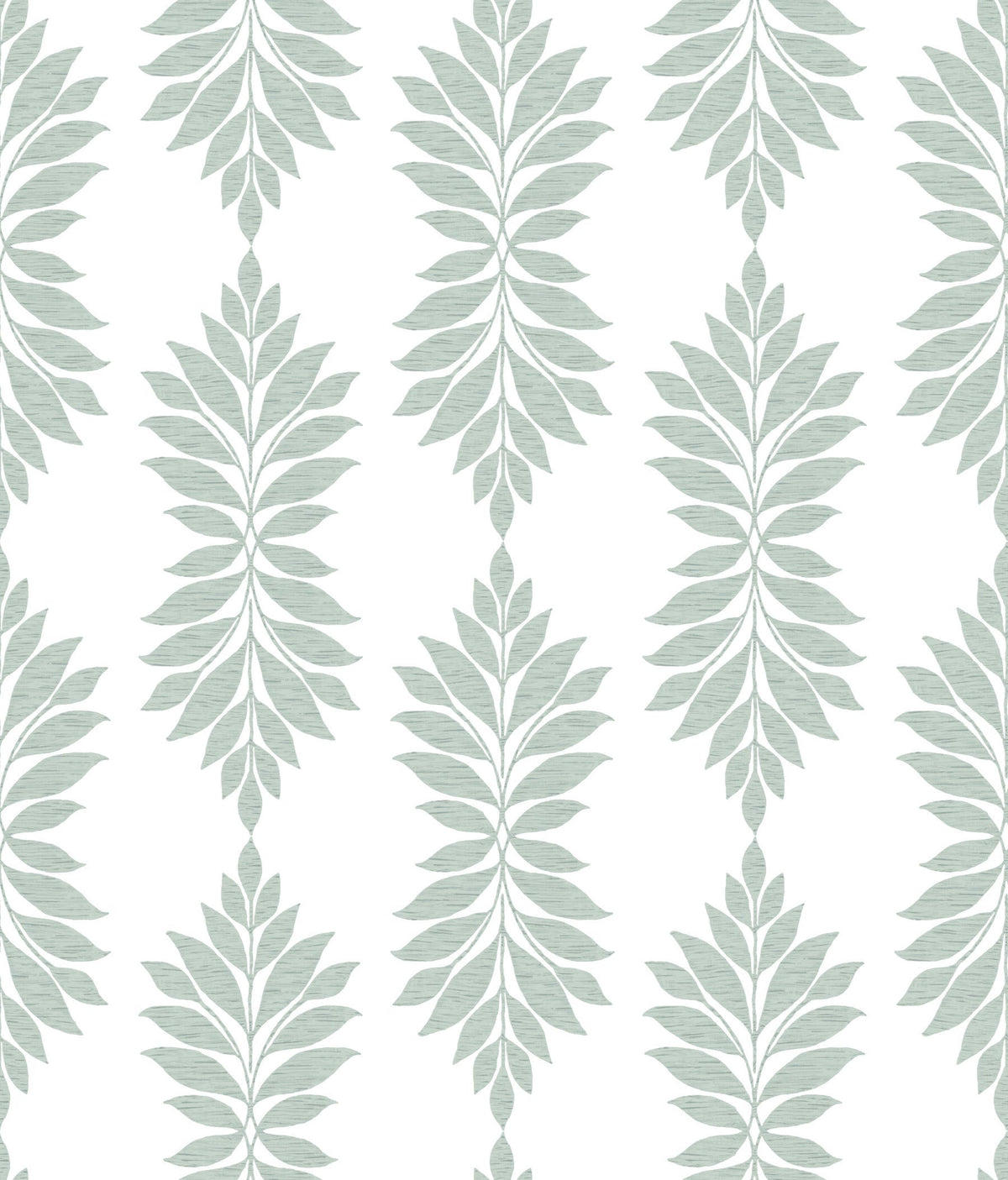 Broadsands Botanica Wallpaper by York Wallcoverings features a seamless pattern of light green leafy branches arranged vertically on a white background, creating a symmetrical, repeating botanical design.