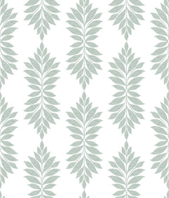 Broadsands Botanica Wallpaper by York Wallcoverings features a seamless pattern of light green leafy branches arranged vertically on a white background, creating a simple, modern, and natural repeating design.