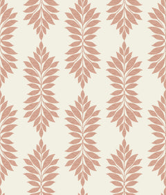 Broadsands Botanica Wallpaper by York Wallcoverings showcases a seamless, repetitive pattern of symmetrical, stylized brown leaves arranged vertically on a light beige background, creating a natural botanical theme.