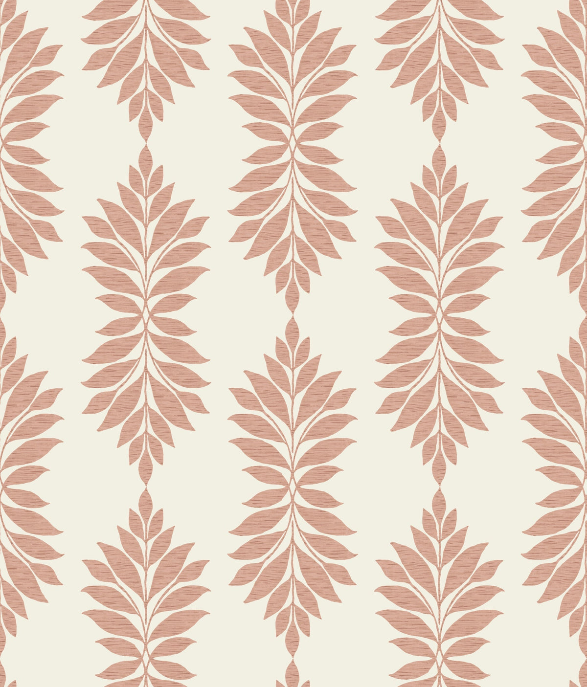 Broadsands Botanica Wallpaper by York Wallcoverings features a repeating pattern of stylized, symmetrical brown leaves arranged in vertical rows on a light beige background, creating a natural botanical look with a simple, elegant feel.