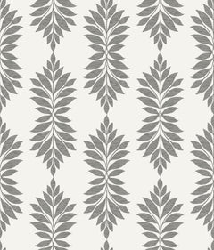 Broadsands Botanica Wallpaper by York Wallcoverings features a seamless pattern of gray symmetrical leaf motifs arranged in vertical rows on an off-white background. The stylized leaves are evenly spaced, creating a repeating botanical design.