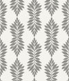 Broadsands Botanica Wallpaper by York Wallcoverings features a seamless, repeating pattern of gray, symmetrical leaf shapes arranged vertically on a light background, creating an elegant botanical design.