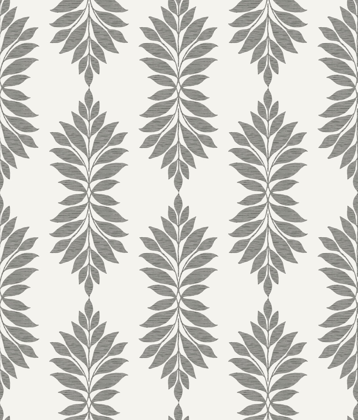 Broadsands Botanica Wallpaper by York Wallcoverings features a seamless, repeating pattern of gray, symmetrical leaf shapes arranged vertically on a light background, creating an elegant botanical design.