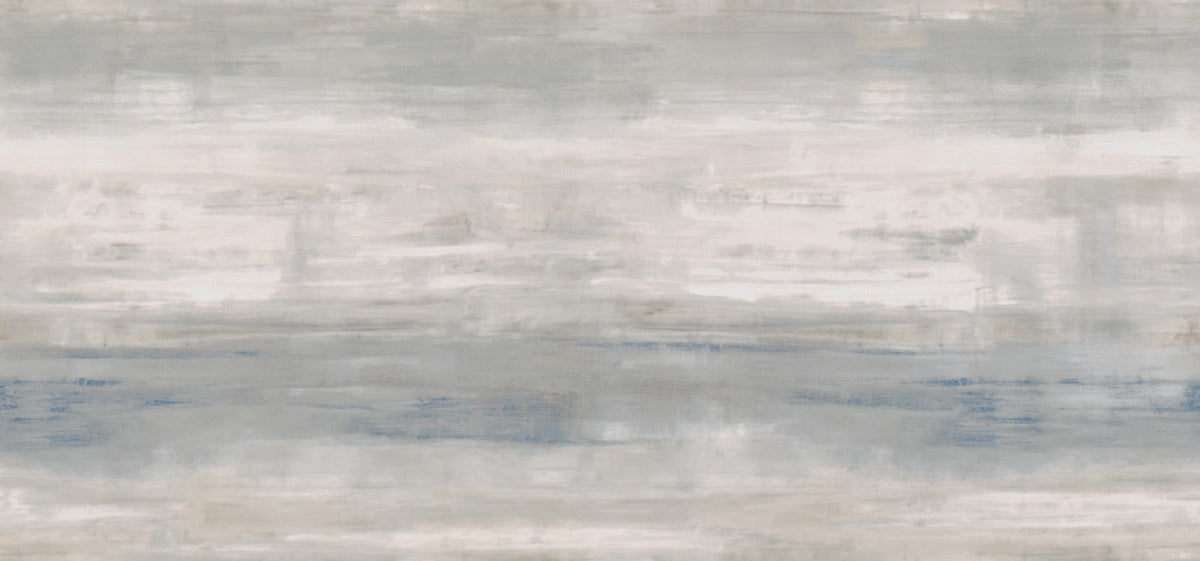 Transition Wallpaper by York Wallcoverings features an abstract design with soft, horizontal brushstrokes in muted tones of gray, white, beige, and subtle hints of blue, creating a calm and serene atmosphere.