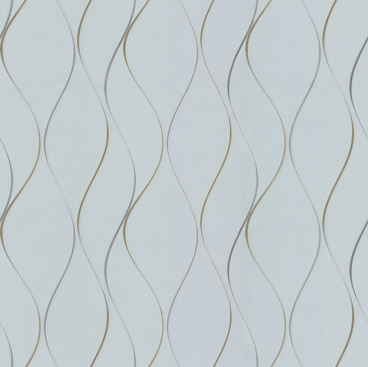 The Wavy Stripe Wallpaper by York Wallcoverings features a light gray background with a smooth, minimalist finish and a repeating pattern of wavy, vertical gold and gray lines that create a flowing, abstract design.