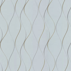 The Wavy Stripe Wallpaper by York Wallcoverings features a light gray background adorned with a repeating pattern of wavy, vertical golden and gray lines, creating an elegant, flowing design.