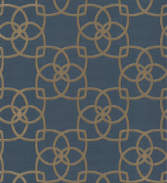 Serendipity Wallpaper by York Wallcoverings features a striking pattern of interlocking gold circular and diamond shapes on a deep blue background, creating an elegant, modern, and symmetrical visual effect.