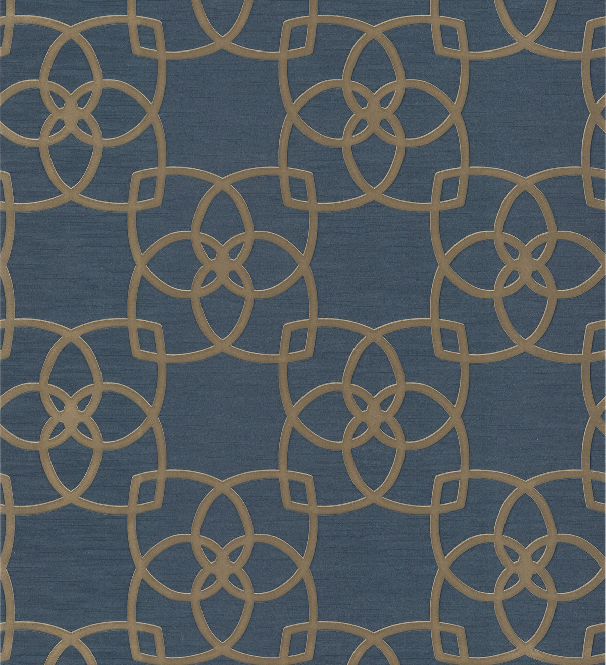 The Serendipity Wallpaper by York Wallcoverings features an intricate, symmetrical design of interlocking gold circles and squares arranged in a repeating geometric pattern against a dark blue background.