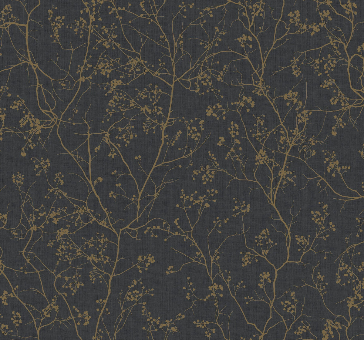 Luminous Branches Wallpaper by York Wallcoverings features a dark background adorned with a delicate, repeating pattern of thin gold branches and small blossoms, creating an elegant, nature-inspired look.