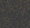 Luminous Branches Wallpaper by York Wallcoverings features a delicate, intricate pattern of gold branches with small leaves and berries set against a dark textured background, creating an elegant botanical design.