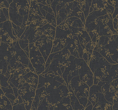 Luminous Branches Wallpaper by York Wallcoverings features a delicate, intricate pattern of gold branches with small leaves and berries set against a dark textured background, creating an elegant botanical design.