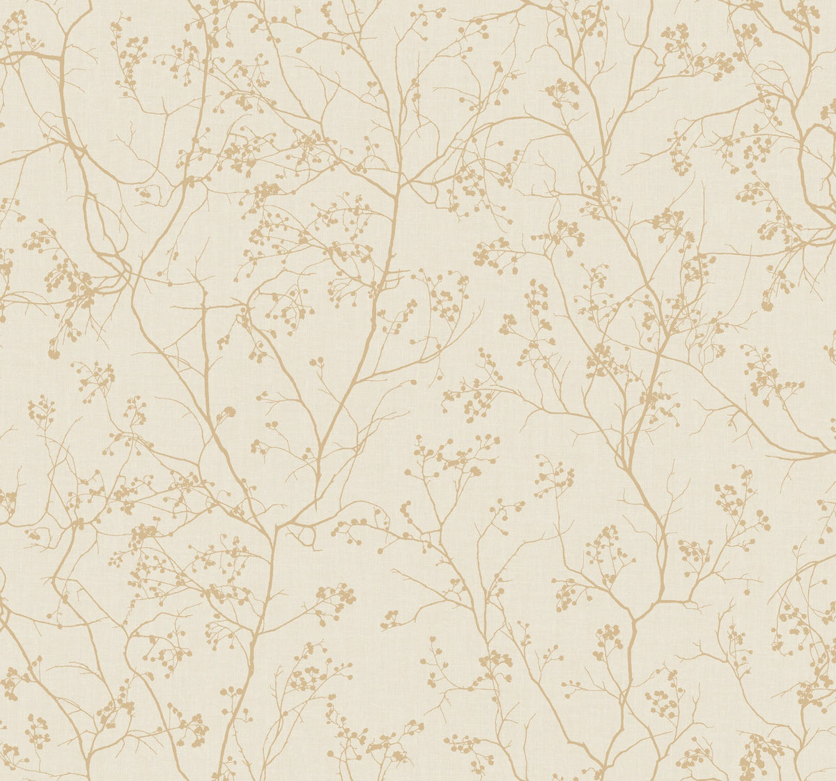 The Luminous Branches Wallpaper by York Wallcoverings features a beige background adorned with a subtle pattern of thin, light brown branches and small clusters of leaves, bringing a delicate, nature-inspired touch to any space.