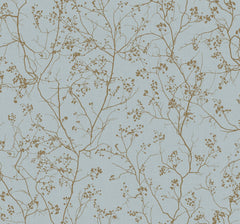 The Luminous Branches Wallpaper by York Wallcoverings features a light blue background adorned with a delicate, nature-inspired pattern of thin brown branches and small clusters of leaves.