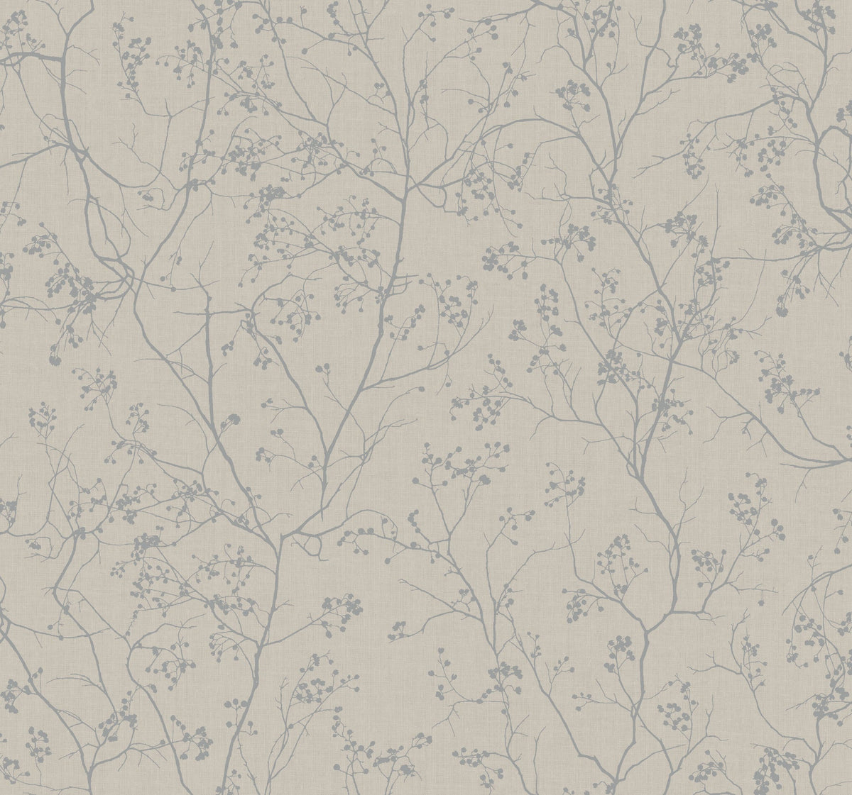 Luminous Branches Wallpaper by York Wallcoverings features a light beige background adorned with delicate, thin gray branches and small berry clusters for a subtle, nature-inspired look.