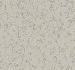 Luminous Branches Wallpaper by York Wallcoverings features a light beige background adorned with delicate, thin gray branches and small berry clusters for a subtle, nature-inspired look.